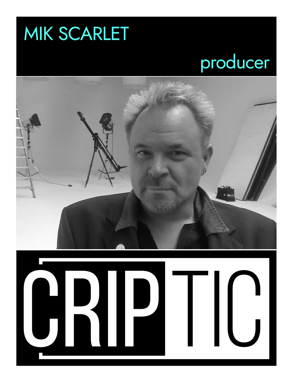 This is the back of an artist announcement card for Mik Scarlet. The design is styled on an American baseball card. The card has a thin white border. At the top of the card, there is a thick black band with the artist name, Mik, and a description of their role in CRIPtic, as Producer. Below this, there is a black and white portrait photograph of Mik. In it, Mik Scarlet is a white man with short blonde hair, a short blonde beard, and an excellent tan. He is wearing a blue blazer, and the backdrop is a white photography studio. Below the photo, there is a large black and white logo which reads CRIPtic.