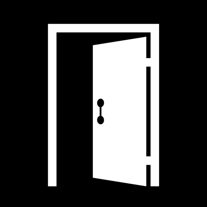 A black background with an open white door