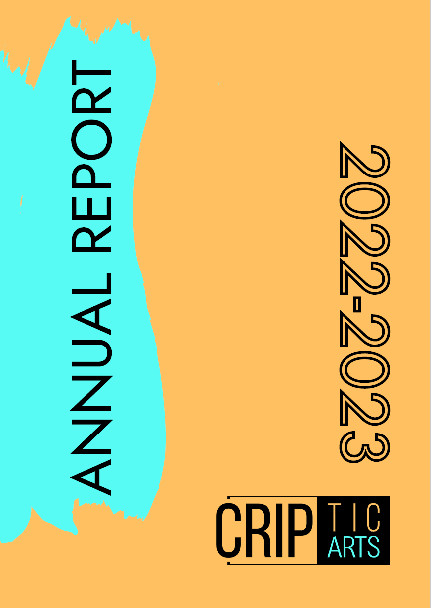 A picture of the cover of our 2022-23 Annual Report, orange, with a turquoise splash and the CRIPtic Arts logo